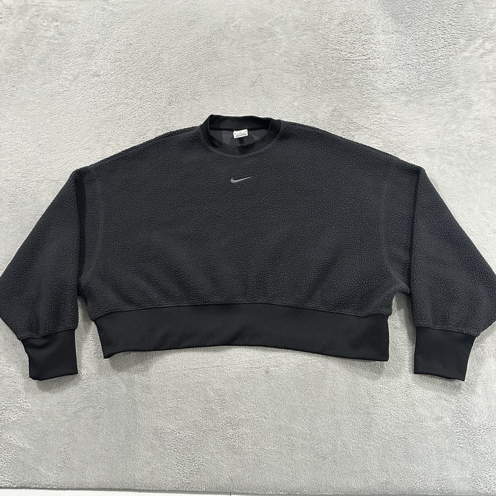 Nike Crop Sweatshirt Women's M Black Teddy Fleece Pullover Crewneck Baggy Lounge